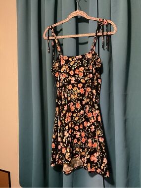 Lily Rose Junior Black Floral Tie-Shoulder Sun Dress with Pink & Yellow Blooms